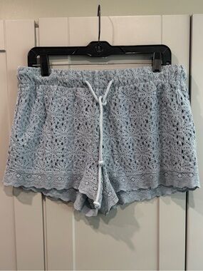 Light Blue Crochet Lace, Fully Lined Shorts with Drawstring